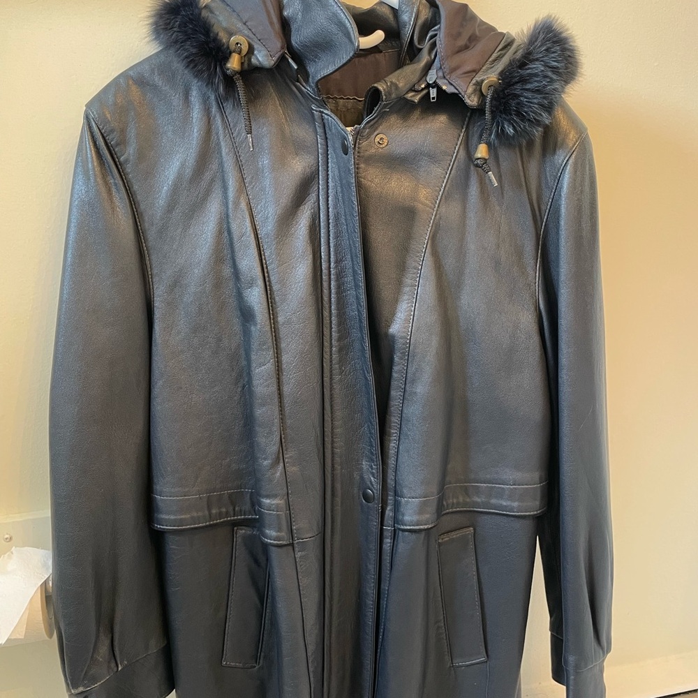 A&S Selections Dark Navy 100% Leather Coat with RealFur Trim
